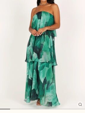 Petal & Pup Bloom Strapless Green Leaf-Print Layered Maxi Dress